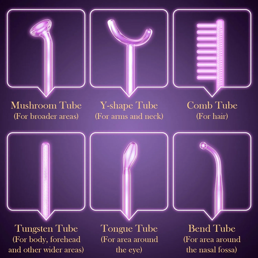 Purple High Wave electrotherapy rod beauty instrument with six accessory heads for professional skin treatments
