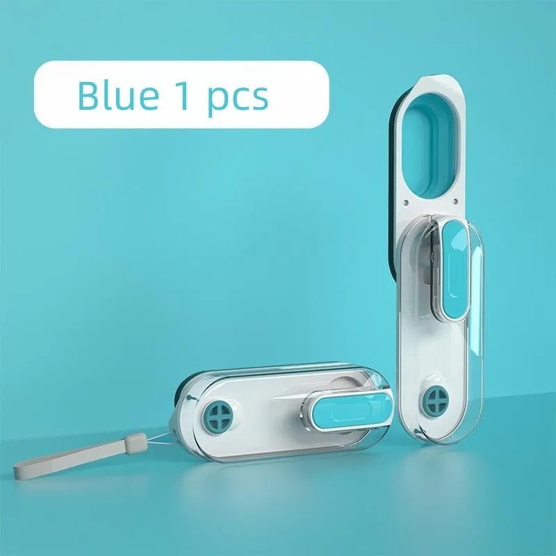 Blue portable pet water bottle with foldable silicone drinking bowl extended, showing carrying strap.