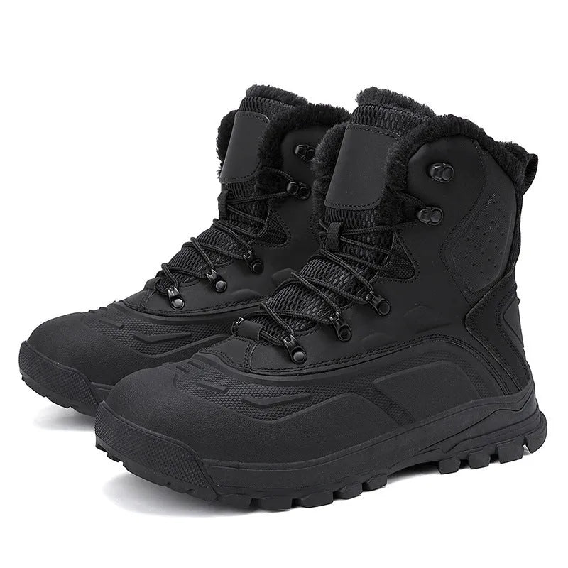 Men's black and khaki velvet high-top boots with fleece lining and lace-up front
