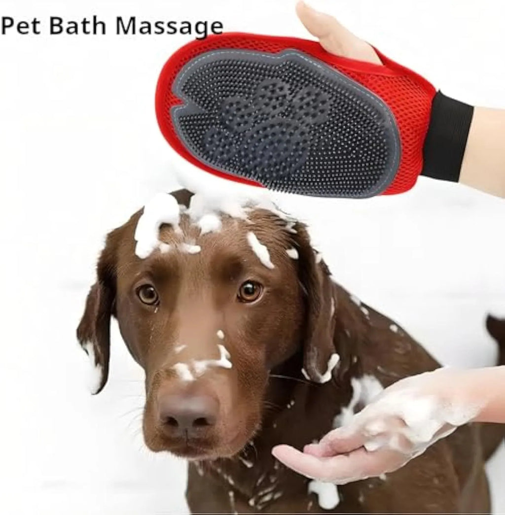 Red pet grooming glove with integrated silicone brush bristles for bathing and hair removal