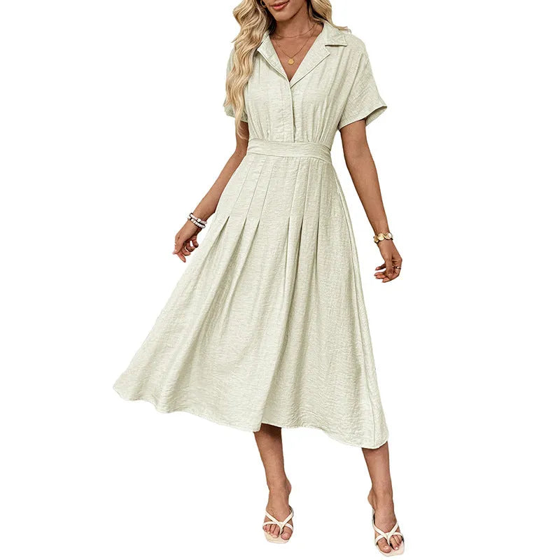 Light green women's shirt dress with a lapel collar, waist tie belt, and a chest pocket.