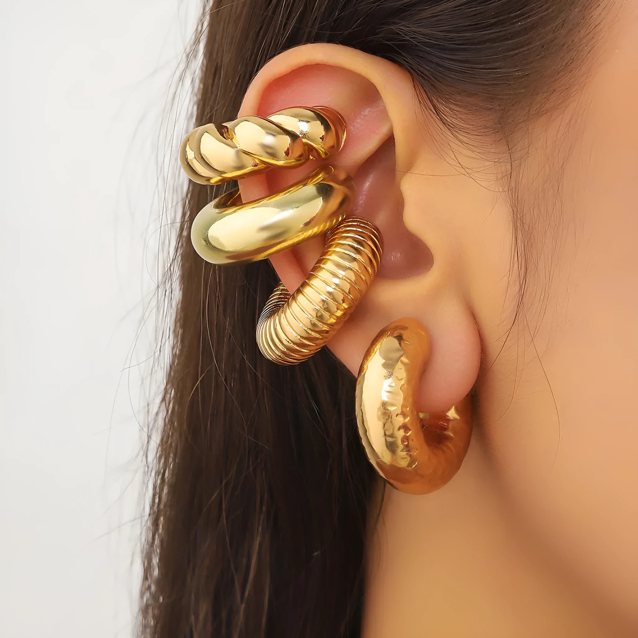 Geometric clip-on earrings set in gold and silver colours for women without pierced ears