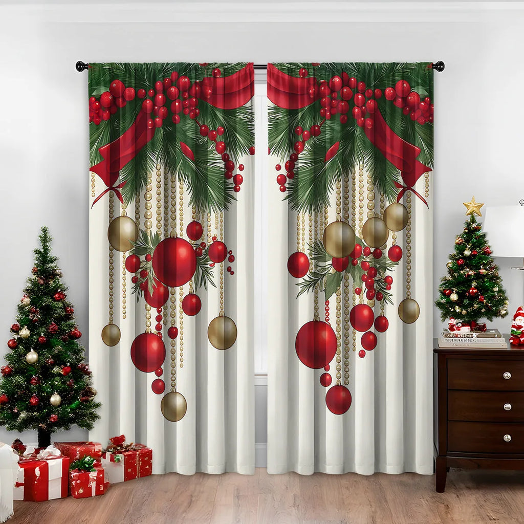 A pair of 3D digitally printed Christmas curtains with a modern festive pattern, hung on a window.