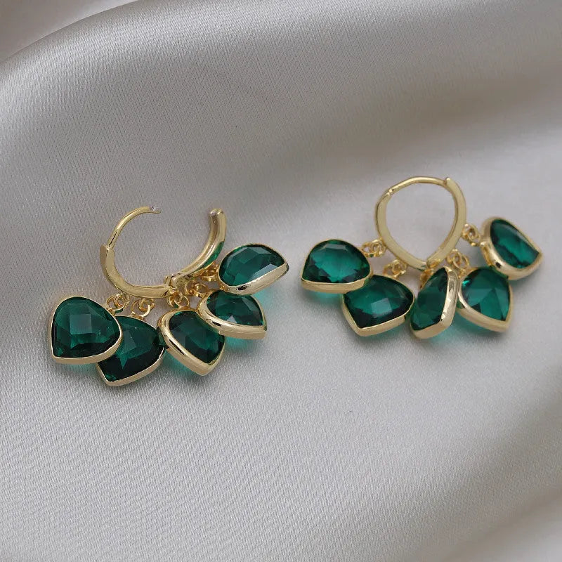 Korean style green heart shaped glass pendant ear clip earrings with alloy inlaid gemstones