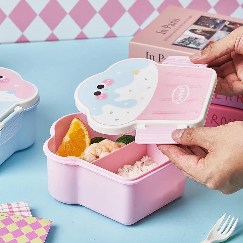 Creative ice cream shaped plastic lunch box with bento compartments and included spoon and fork set