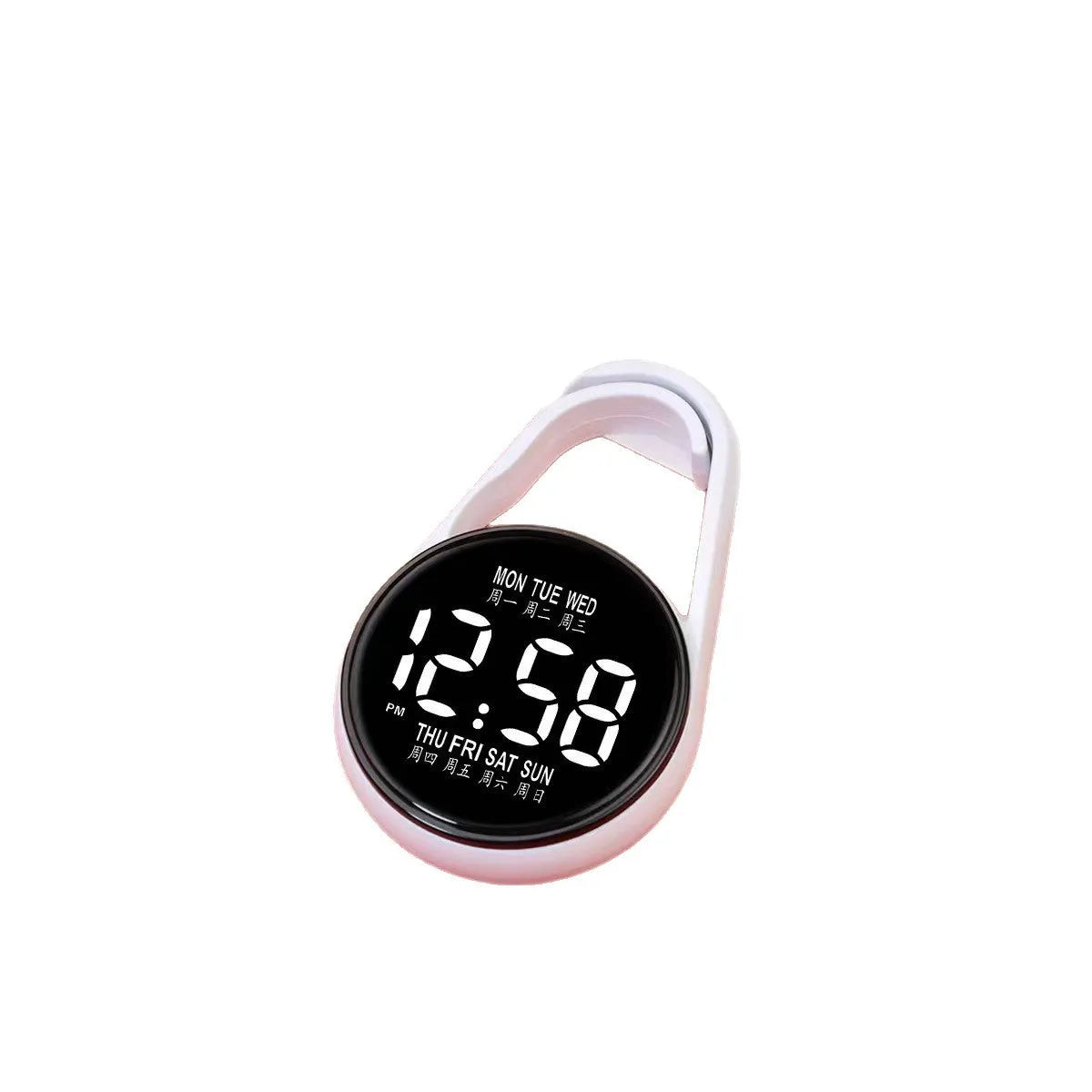 LED digital wristwatch showing time and week day on display, with plastic strap.