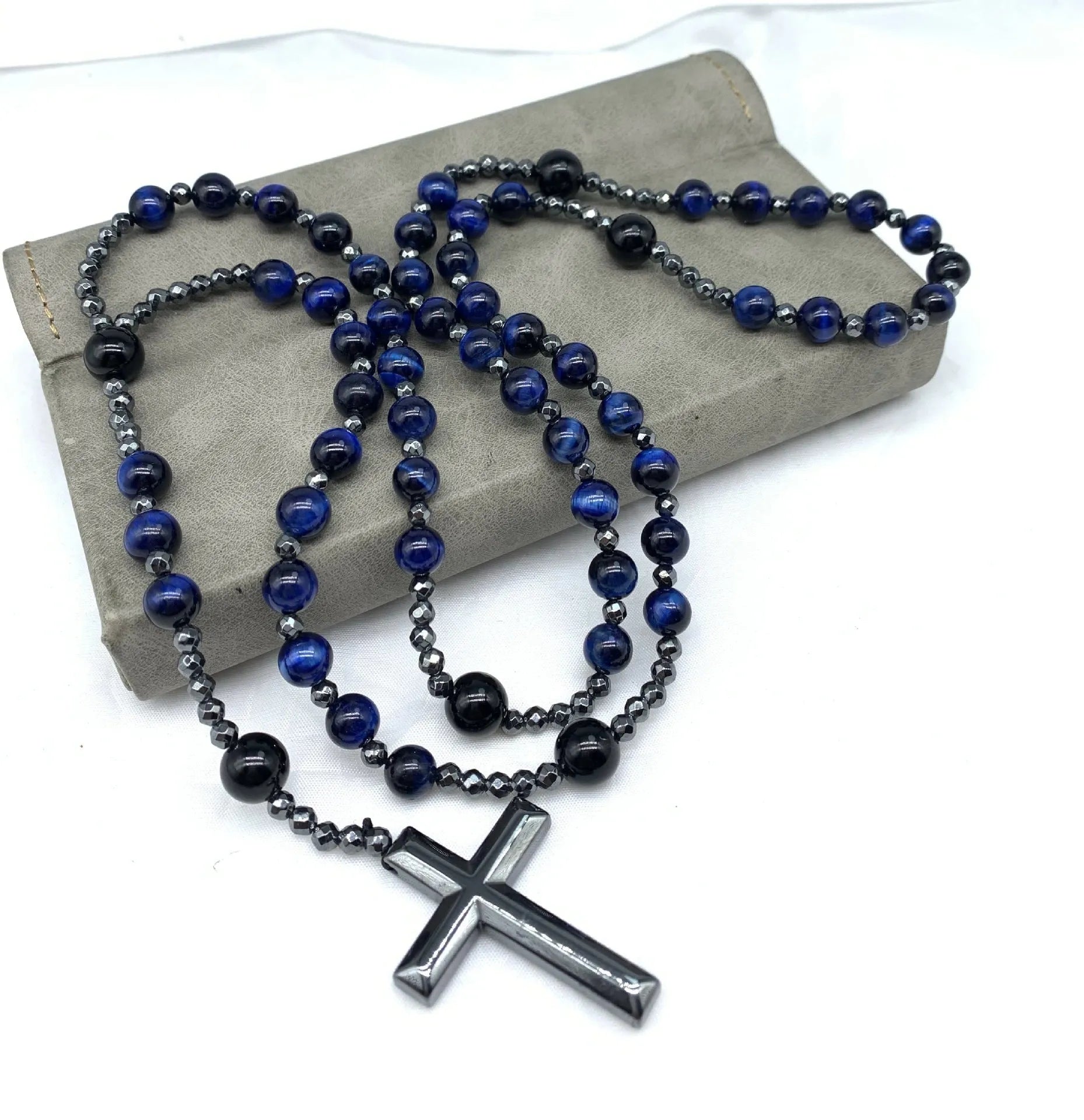 Men's stone cross pendant necklace on an 80cm ball bead chain with a safety lock.
