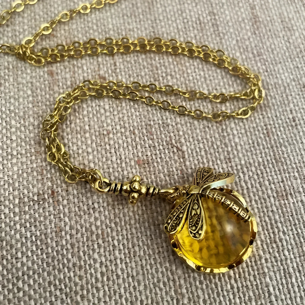 Vintage bronze hand carved dragonfly pendant necklace with 925 silver chain and yellow accents