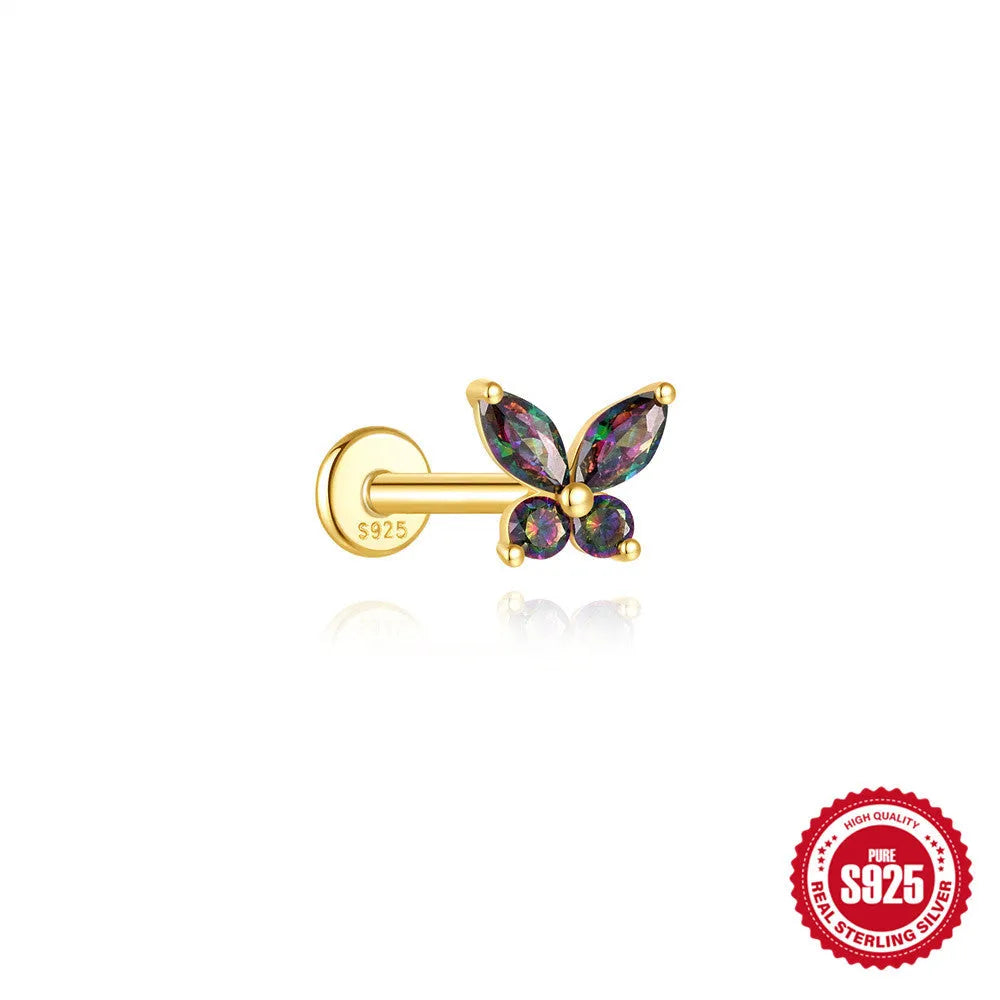 S925 sterling silver flat head thread piercing earring with a rainbow stone in a geometric shape.