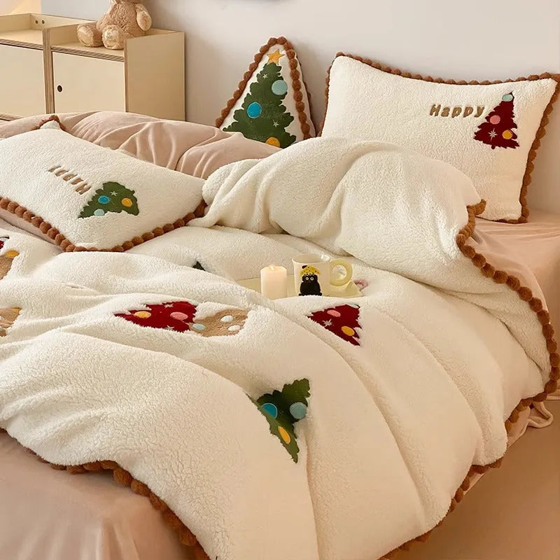 Bright yellow fleece-lined cartoon animation Christmas bedding four-piece set on a bed