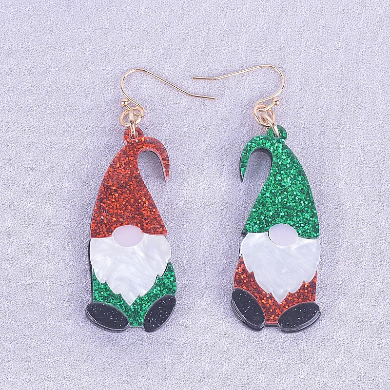 Pair of festive red and green Santa Claus cartoon character acrylic fashion earrings.