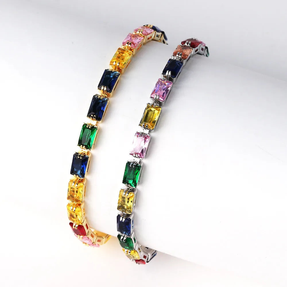 Women's fashion bracelet with electroplated zircon finish in a choice of colours and gold or platinum tones.