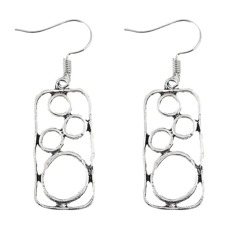 Geometric round ring earrings with irregular square shape in antique silver colour