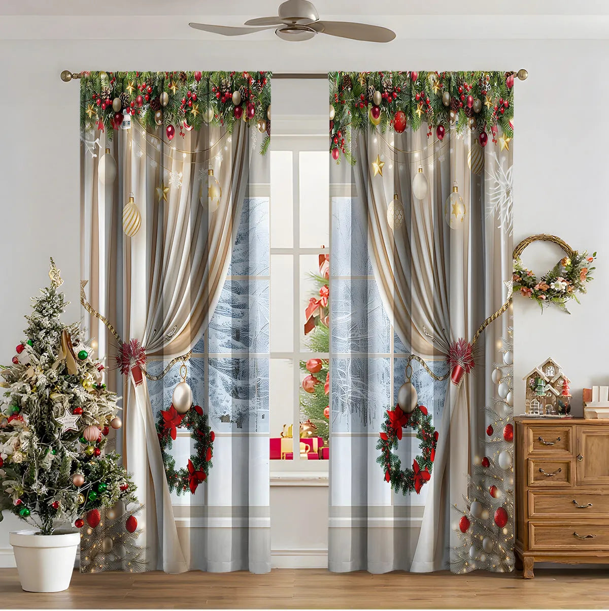 A pair of 3D digitally printed Christmas curtains with a modern festive pattern, hung on a window.