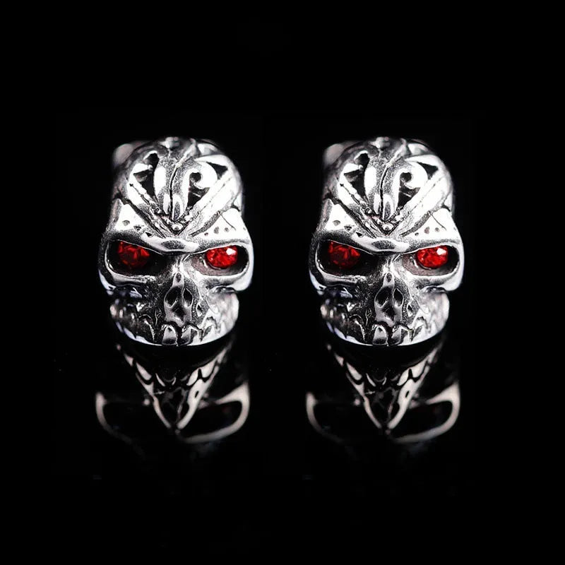Retro red eye ghost head skull stud earrings with alloy construction and artificial gemstone inlay