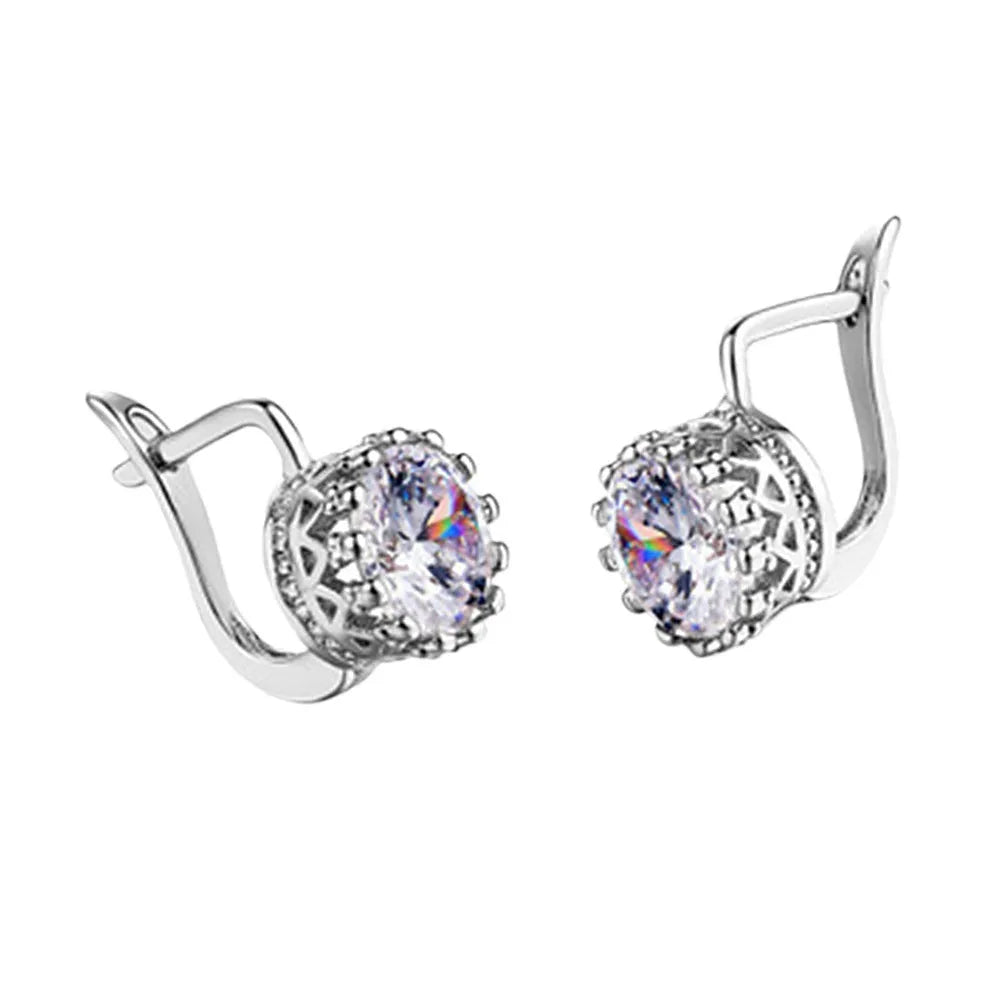 Korean retro style crown-shaped clip-on earrings with white diamonds, in rose gold and white gold colour options.