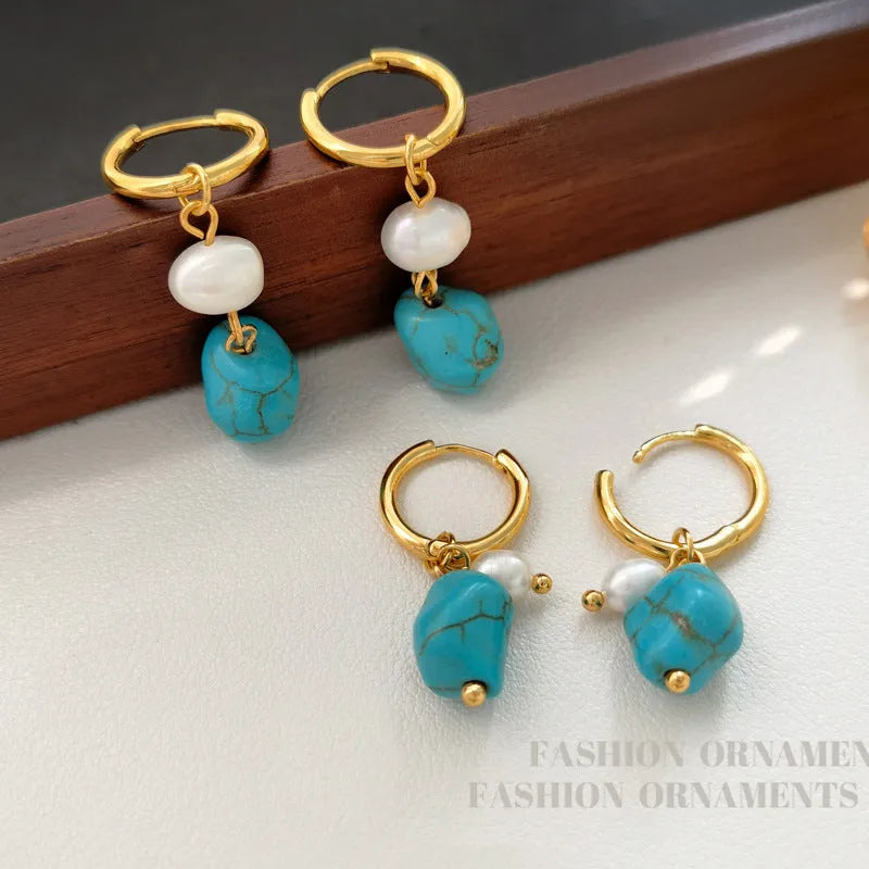 Geometric copper ear clips with irregular turquoise stones and cultured pearls in two length styles