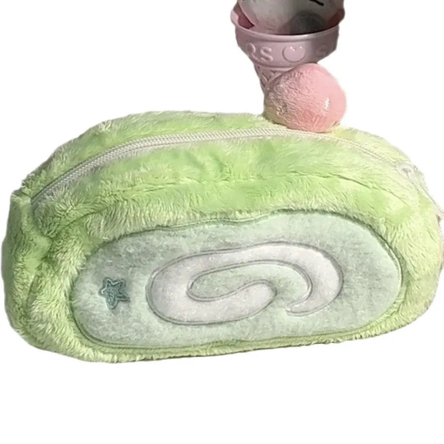 Honeydew Roll plush velvet pencil case with Swiss roll cake design for stationery storage
