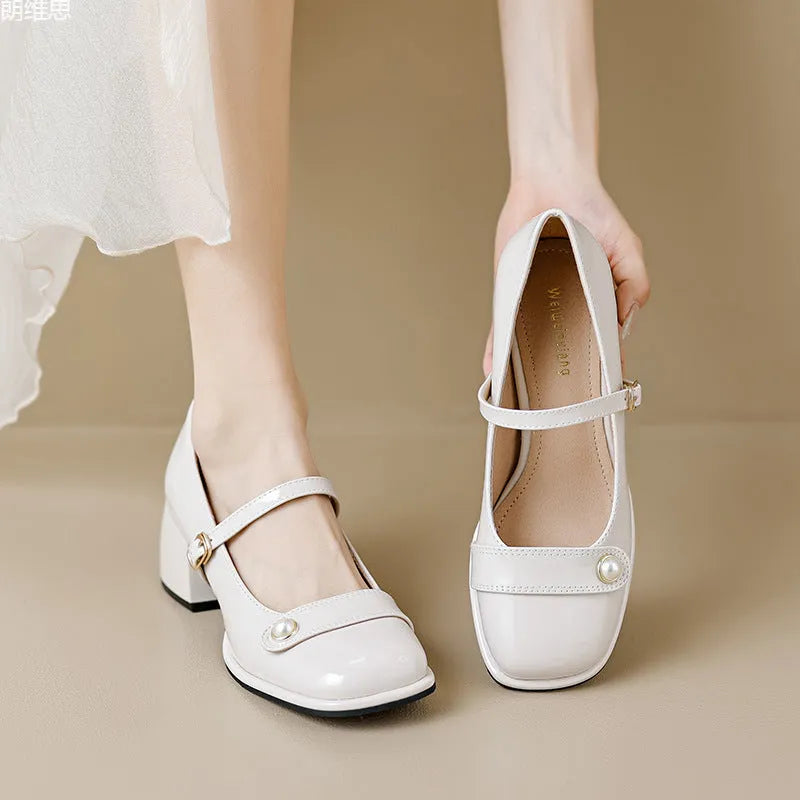 French style women's ankle boots with chunky block heels and patent leather upper in three colour options