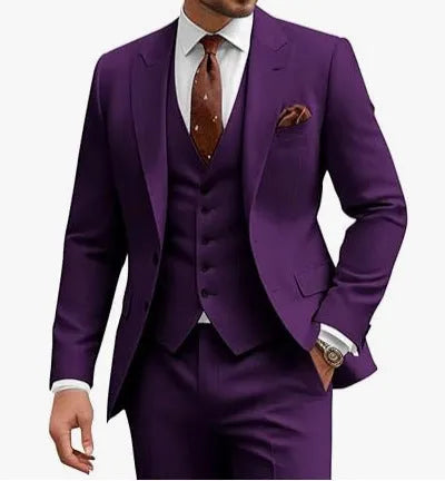 Men's slim fit three-piece suit in chemical fibre blend fabric available in multiple colours with Asian sizing