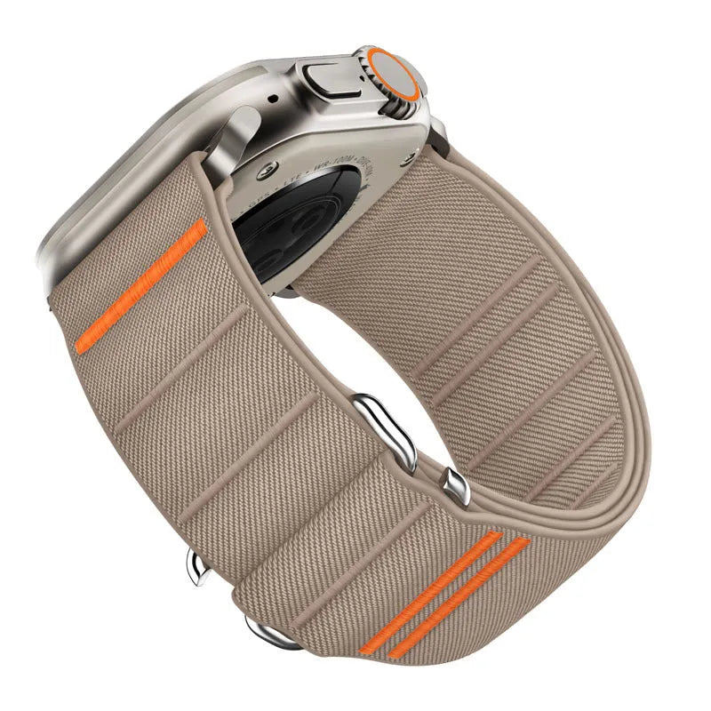 Elastic nylon Apple Watch replacement band with stainless steel buckle shown in multiple colour options.