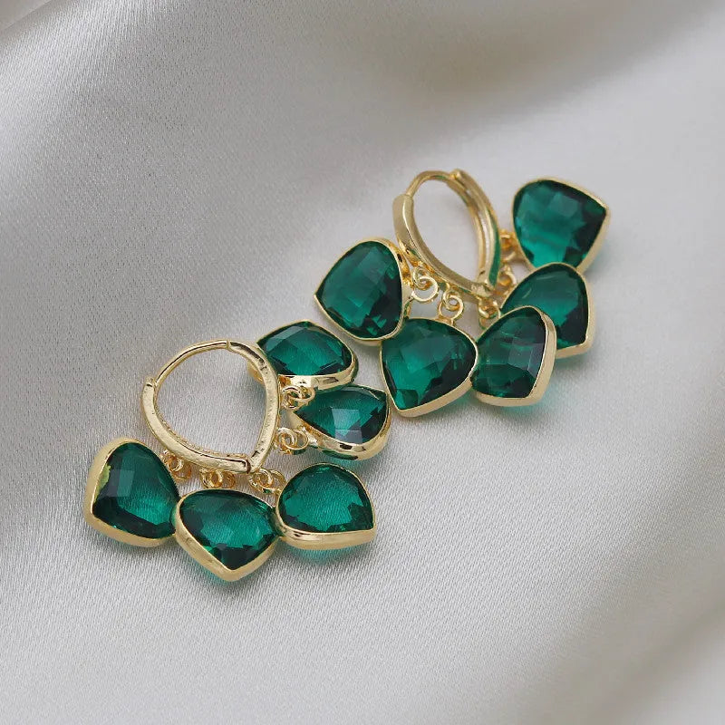 Korean style green heart shaped glass pendant ear clip earrings with alloy inlaid gemstones