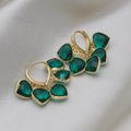 Korean style green heart shaped glass pendant ear clip earrings with alloy inlaid gemstones
