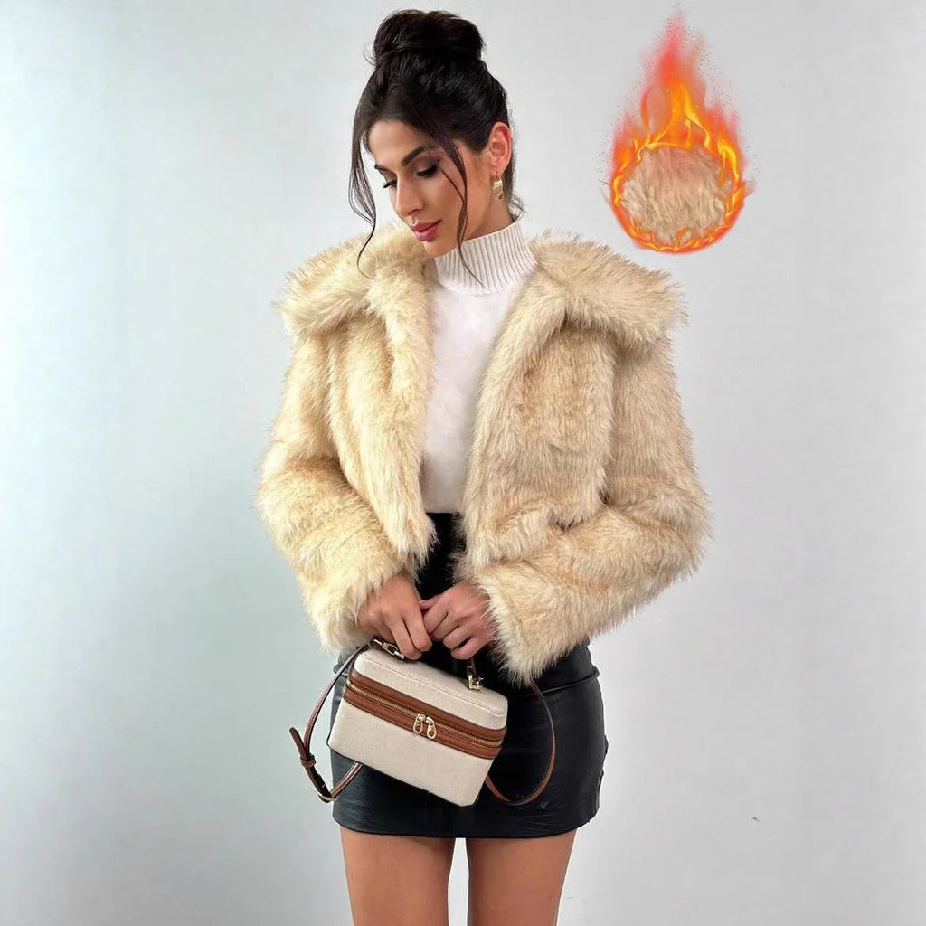 Women's short black artificial fur coat with a full fur collar and long sleeves.