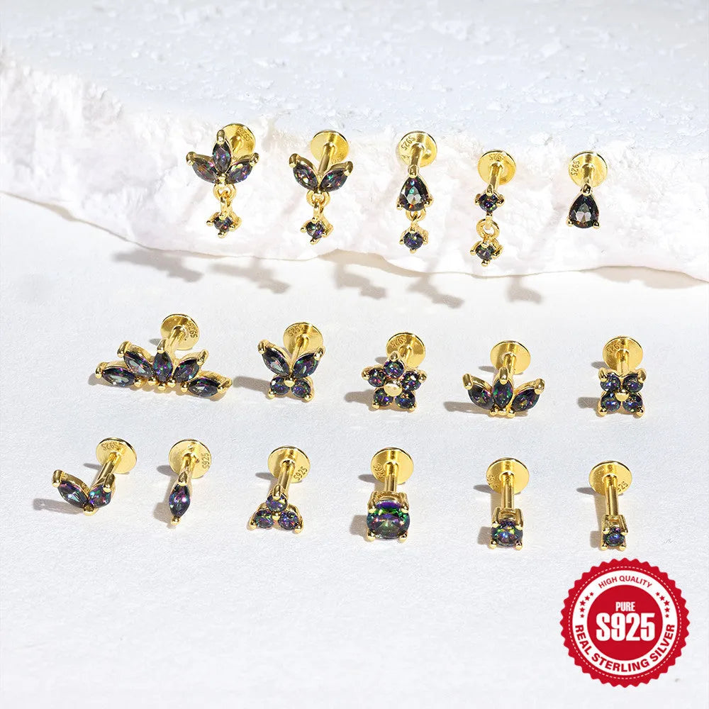 S925 sterling silver flat head thread piercing earring with a rainbow stone in a geometric shape.
