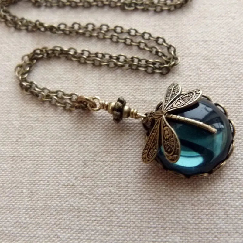 Vintage bronze hand carved dragonfly pendant necklace with 925 silver chain and yellow accents