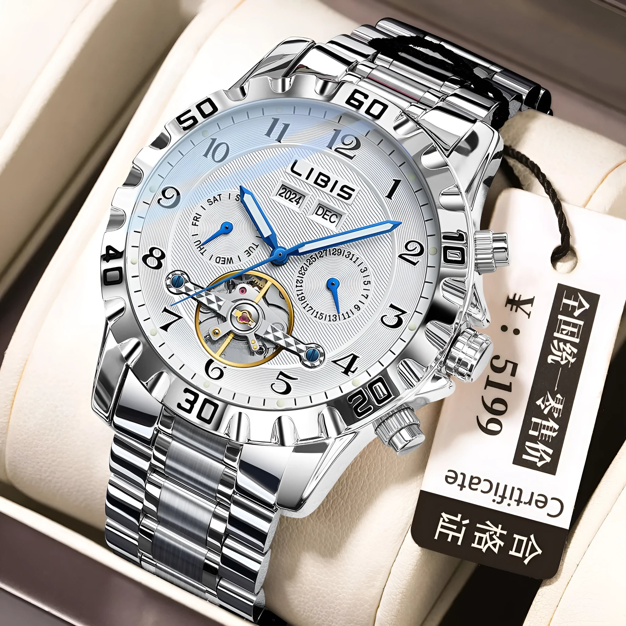 Men's silver stainless steel automatic perpetual calendar mechanical watch with sapphire crystal