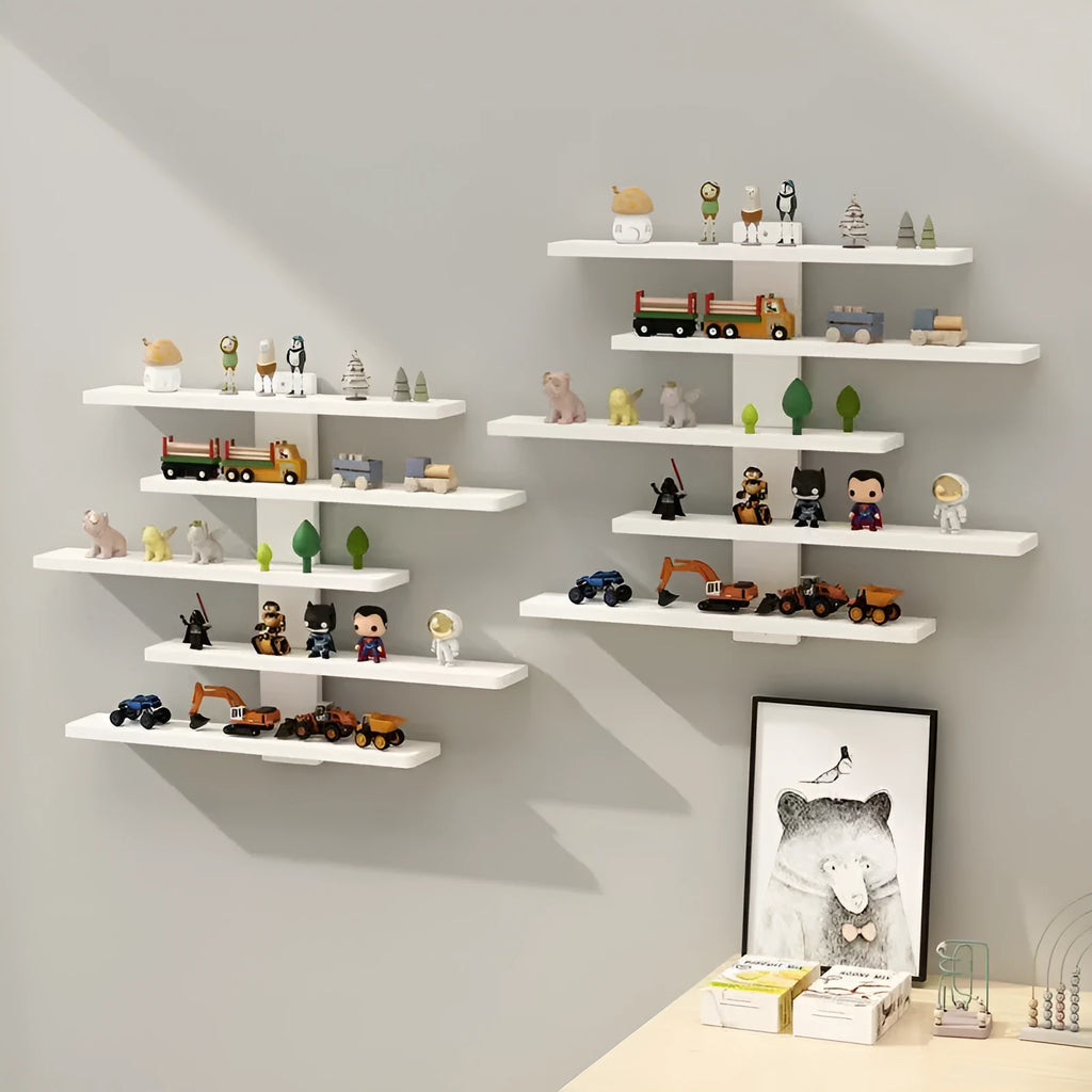 Five-tier white wall-mounted PVC storage rack displaying various dolls and blind box toys.