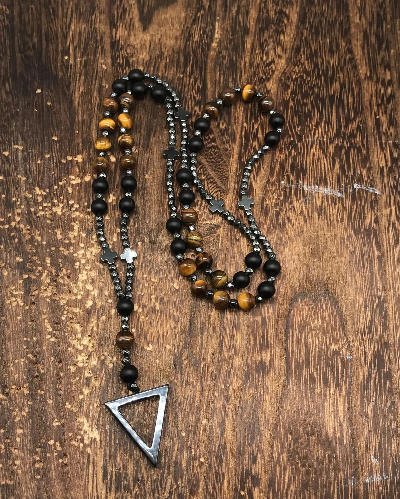 Men's stone cross pendant necklace on an 80cm ball bead chain with a safety lock.