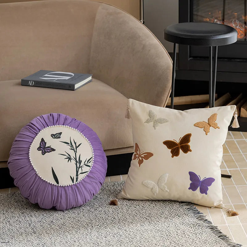 Square decorative cushion with butterfly embroidery in Chinese style, colours beige black purple, 45x45cm size.