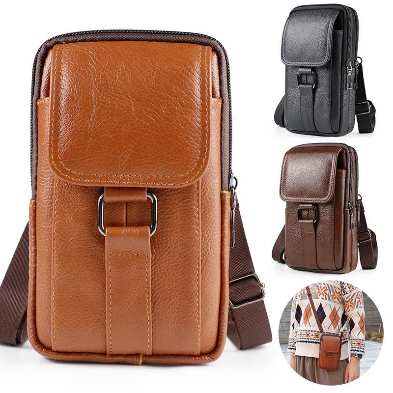 Men's black genuine leather waist bag with square shape and crossbody strap