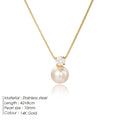 Simple stainless steel necklace for women with imitation pearl and zircon pendant in New Chinese style.