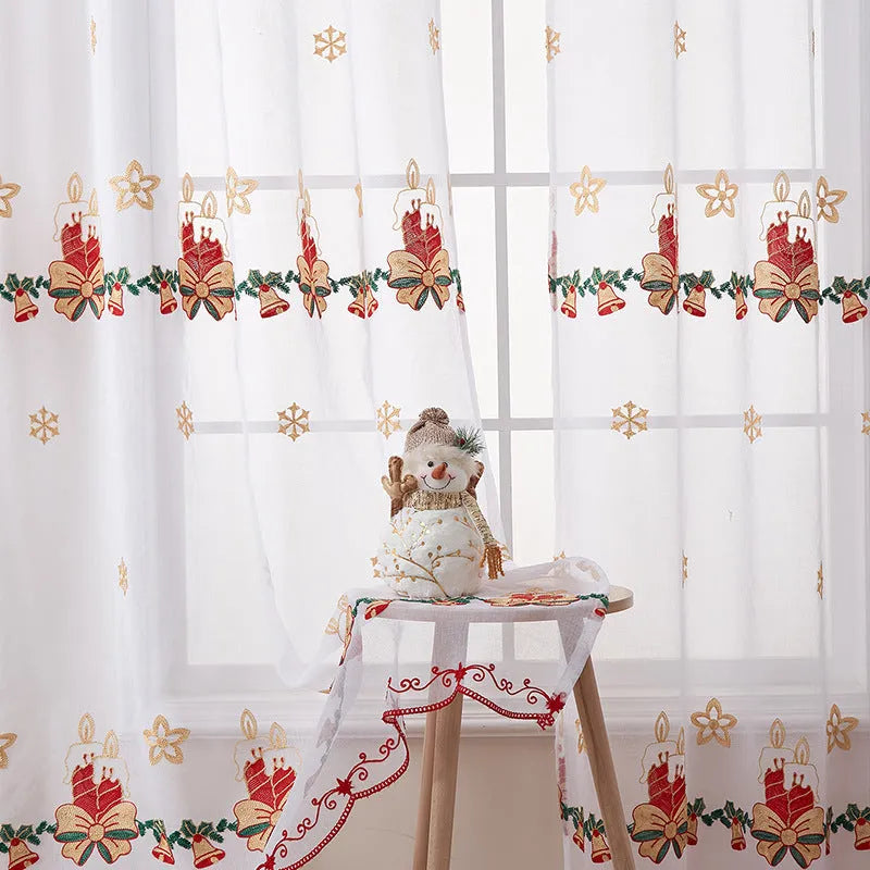 Pair of American-style Christmas curtains with white snowflake embroidery on red polyester fabric.
