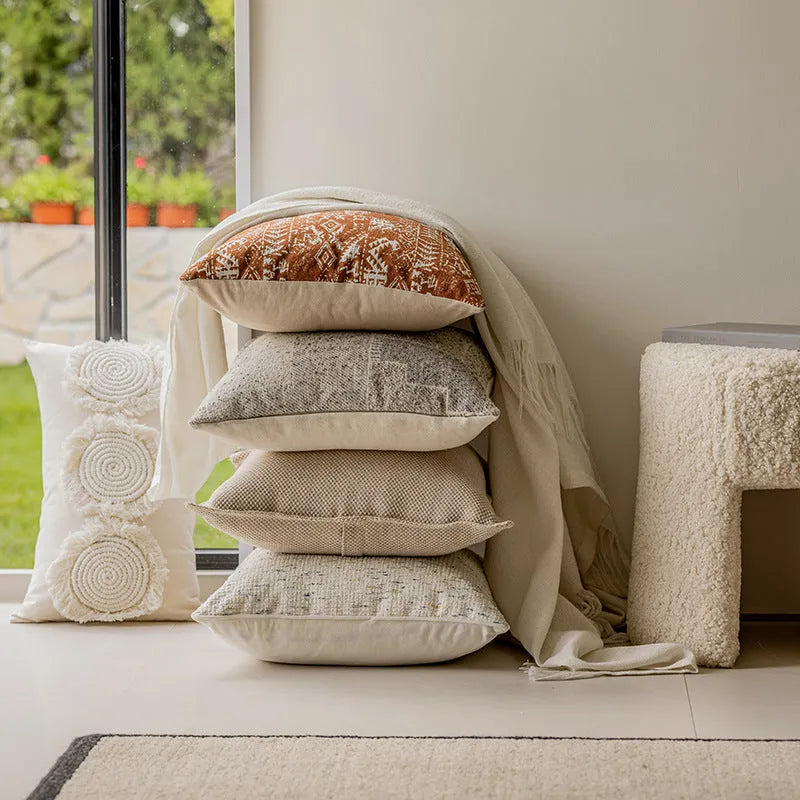 Solid colour PP cotton cushion in red brown or plain shades on a sofa, shown in 45cm square and 30x50cm rectangle sizes.