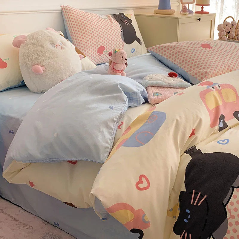 Cotton cartoon dog bedding four-piece set with reactive printed patterns for multiple bed sizes