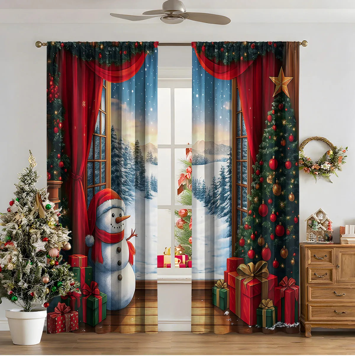 A pair of 3D digitally printed Christmas curtains with a modern festive pattern, hung on a window.