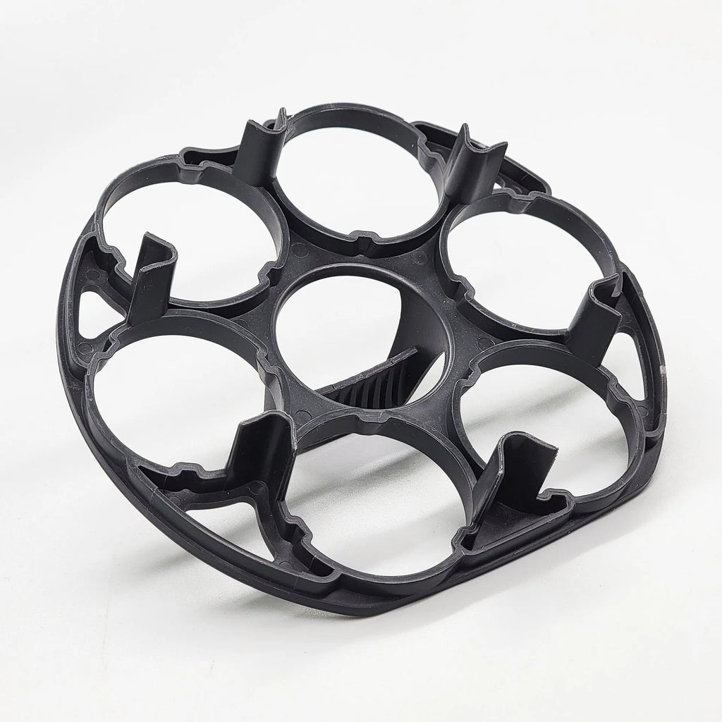 Black plastic egg holder basket with retainer, dimensions 13.8 by 12.6 cm.