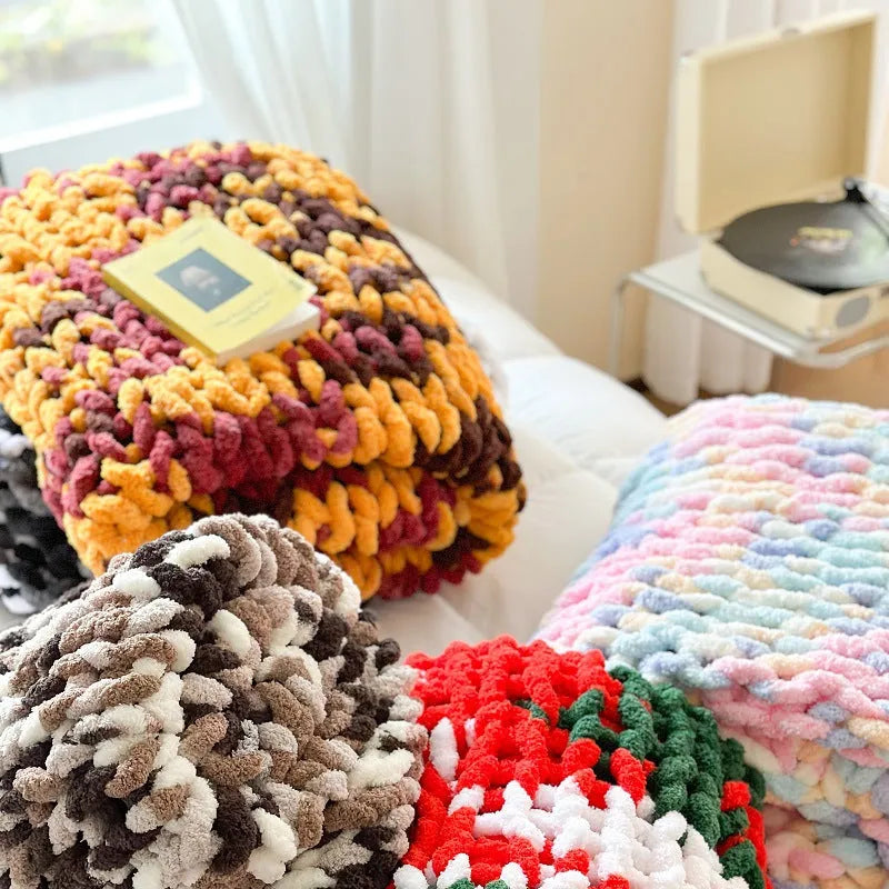 Handmade chenille striped blanket with ice bar dyed pattern in 130x170cm dimensions
