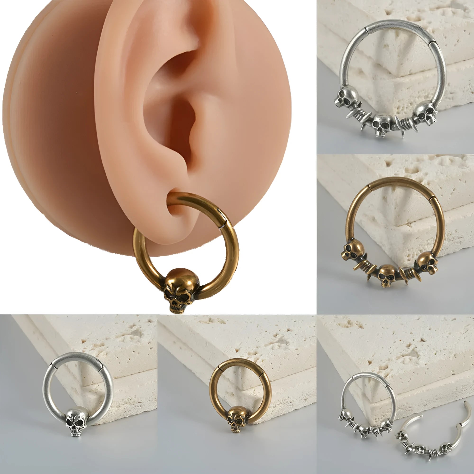 Punk copper earrings with antique ghost head designs in gold and silver finishes