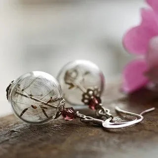 Transparent glass ball earrings with dandelion design and French hook options in silver and bronze finishes