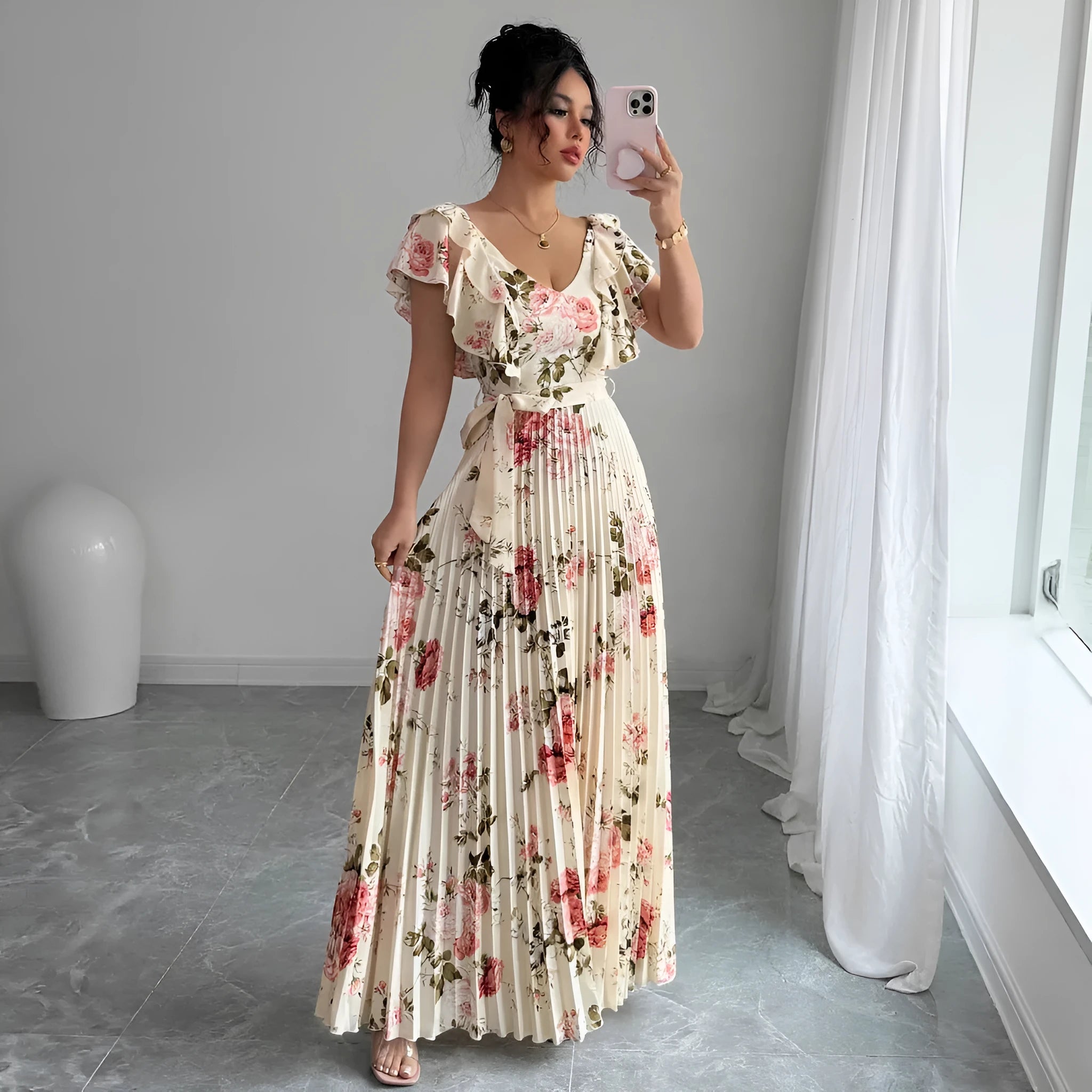 Apricot floral print women's dress with V-neck, ruffled sleeves, high waist, and long swing skirt