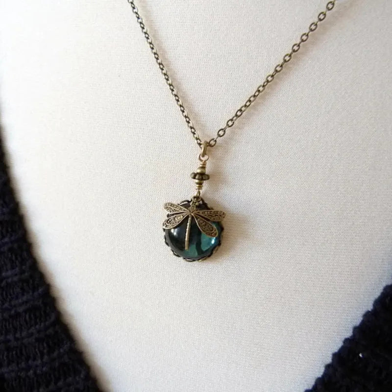 Vintage bronze hand carved dragonfly pendant necklace with 925 silver chain and yellow accents