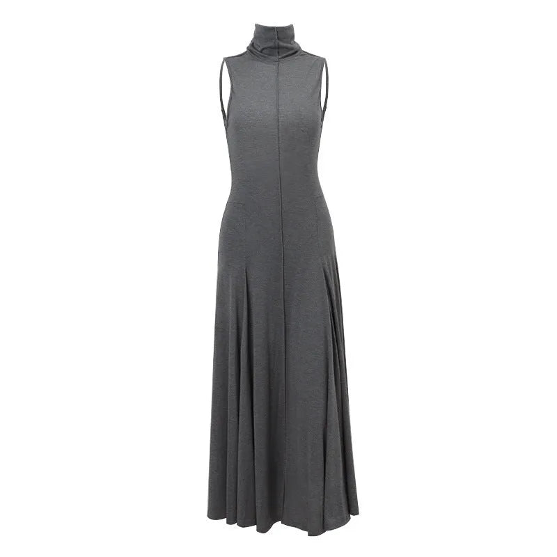 Grey slim-fit women's cotton dress with a half turtleneck collar and backless design
