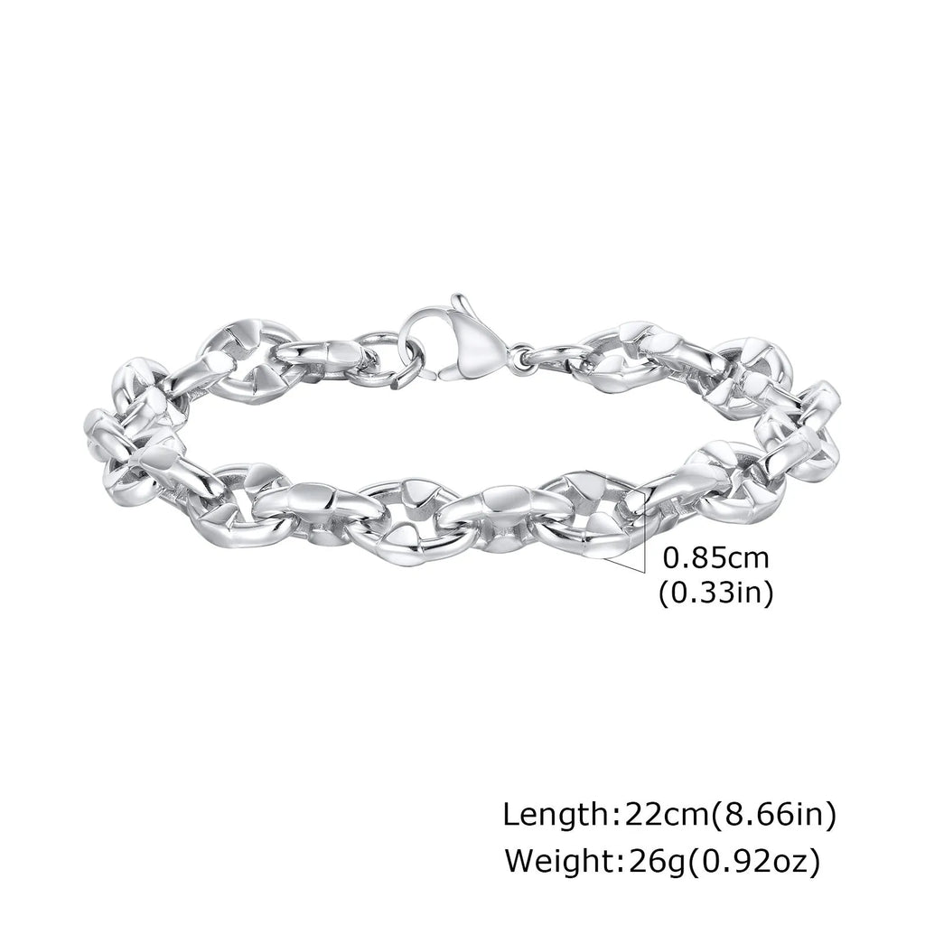 Stainless steel thick chain handmade bracelet in steel colour, geometric men's hip hop jewellery.