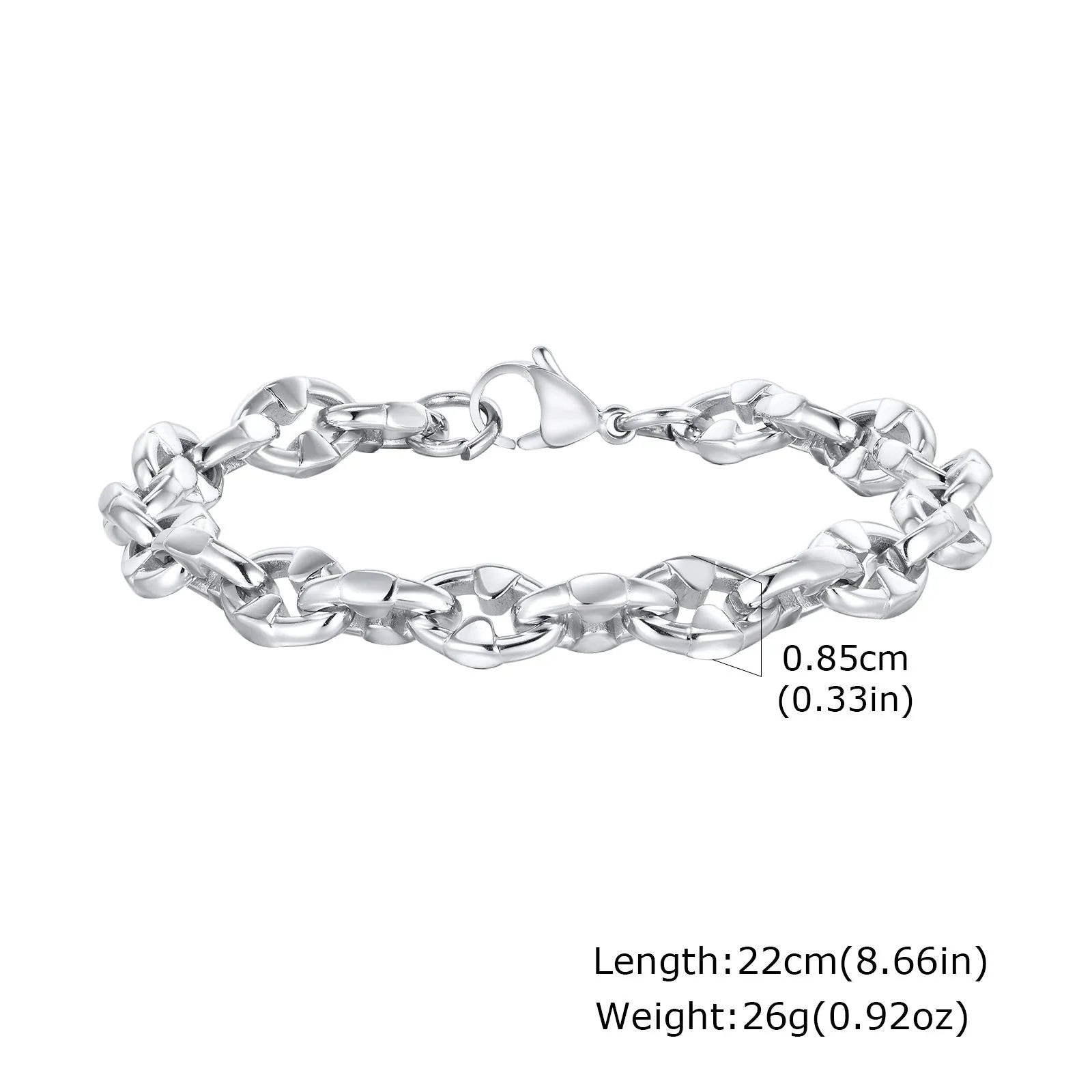 Stainless steel thick chain handmade bracelet in steel colour, geometric men's hip hop jewellery.
