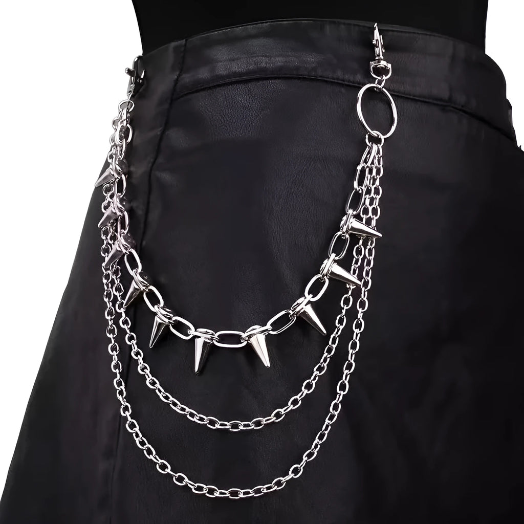 Silver double-layer metal pants chain with rivet details, shown at full 115cm length.